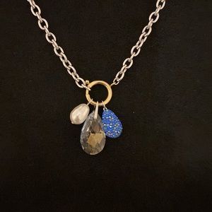 Swarovski tear drop, fresh water pearl, crystal three charm necklace